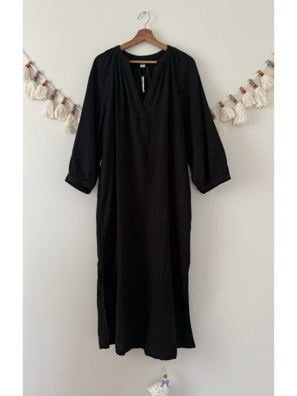 Old Navy Crinkle Gauze Maxi Shirt Dress Black Relaxed Coastal Lagenlook NWT LT